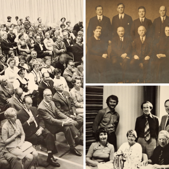 Kollaasikuva, jossa näkyy vanhoja kuvia SKYn toiminnasta.